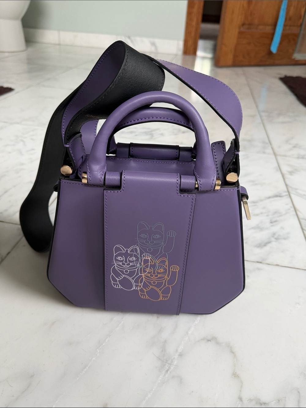 Purple Crossbody Satchel with Lucky Cat Motif